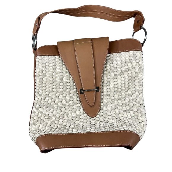 Kate Landry Handbags - Kate Landry Woven Straw Leather Shoulder Bag Tan White Convertible Strap